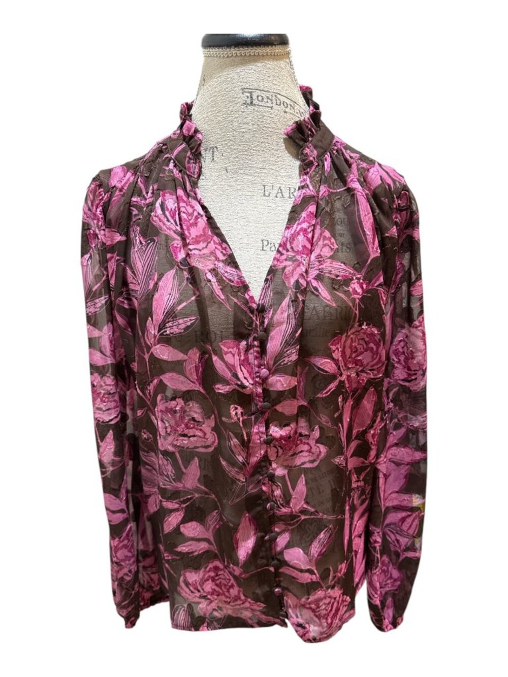 ee:some Sz L Brown & Pink Semi-Sheer Mocha Bloom Floral Balloon Sleeve Blouse